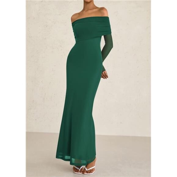 Elegant Off The Shoulder Formal Maxi Dress Green - Picture 6 of 6